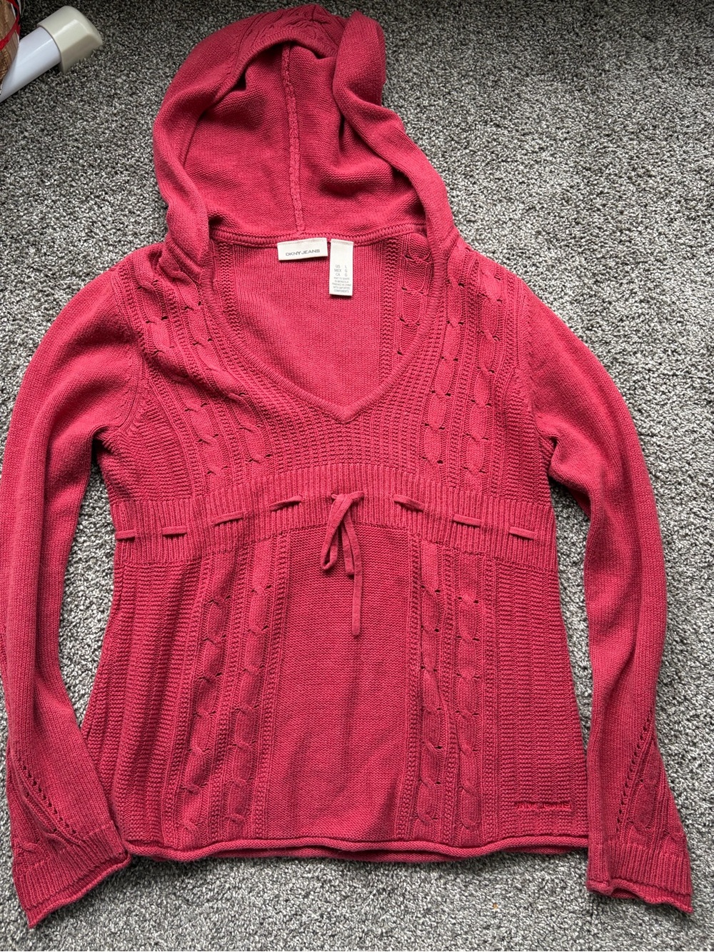 DKNY Raspberry Knit Hooded V-Neck Sweater